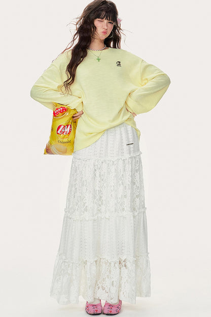 French White Lace A-Line Skirt