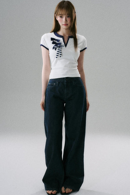Multi-Bow V-Neck Slim T-Shirt