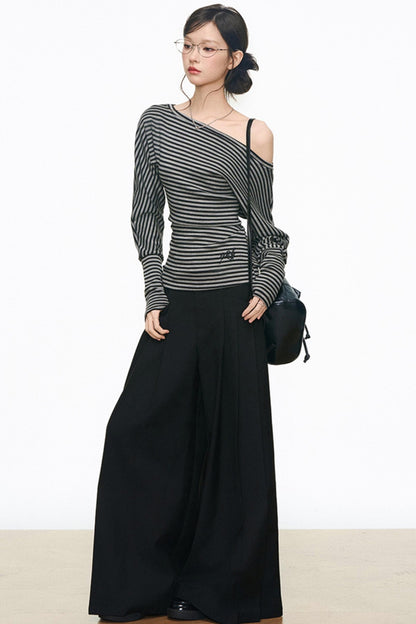 Slanted Shoulder Long Sleeves & Casual Wide-Leg Pants Set-Up