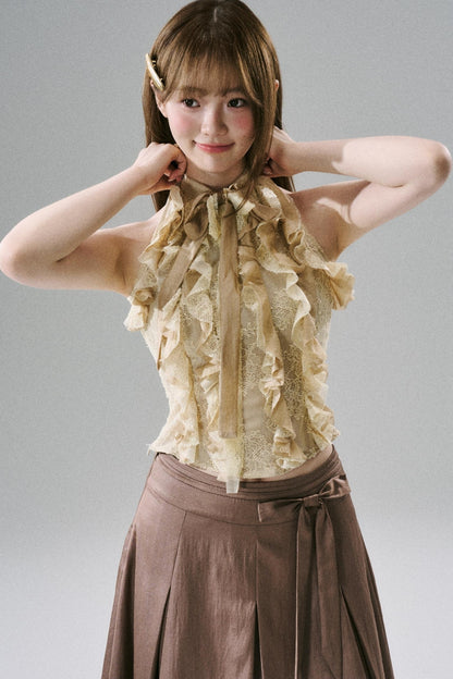 Slim Fit Ruffled Lace Halter Top