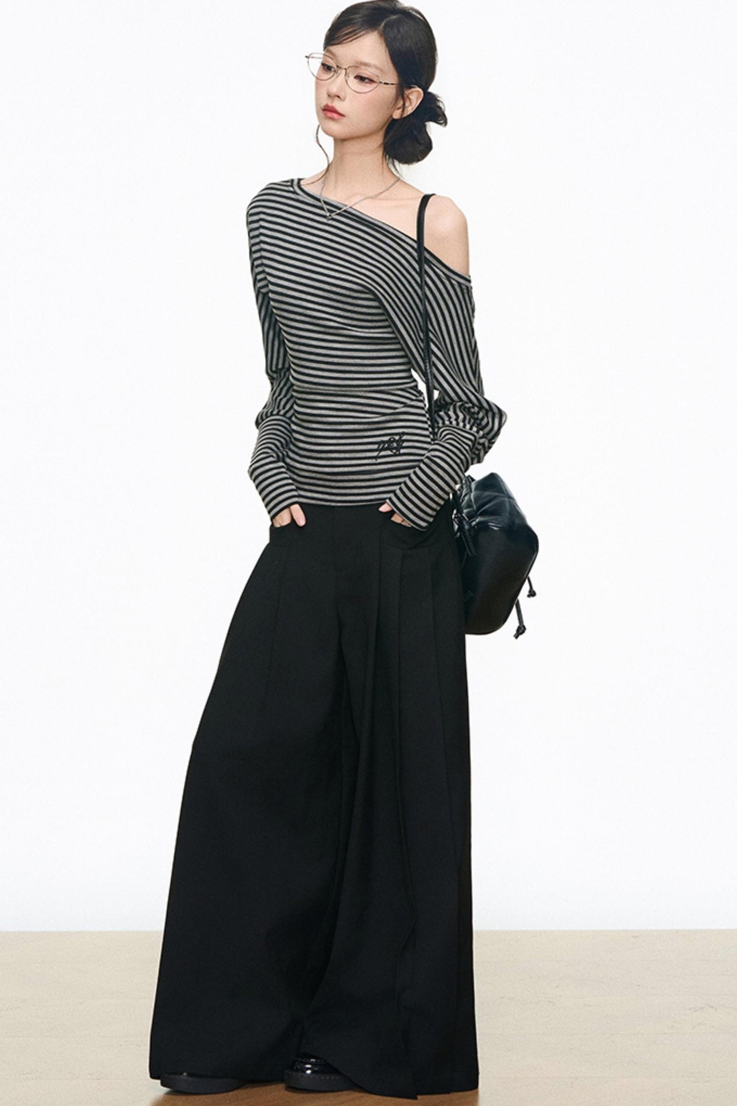Slanted Shoulder Long Sleeves & Casual Wide-Leg Pants Set-Up