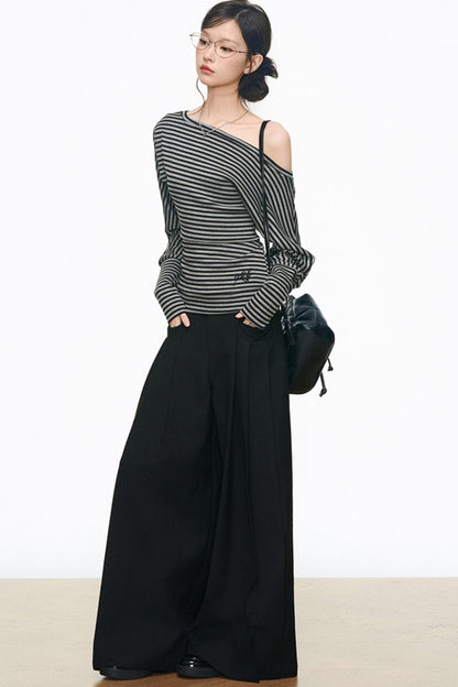Slanted Shoulder Long Sleeves & Casual Wide-Leg Pants Set-Up