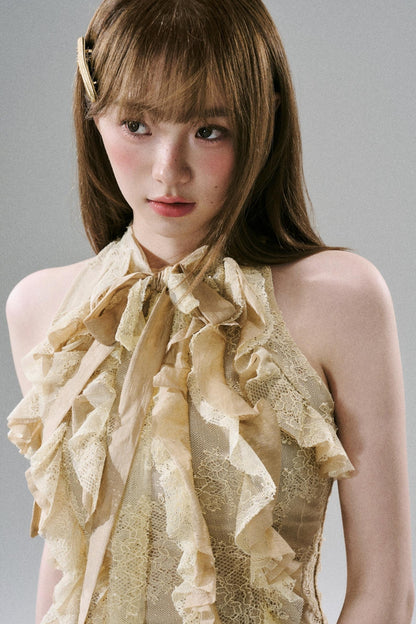 Slim Fit Ruffled Lace Halter Top