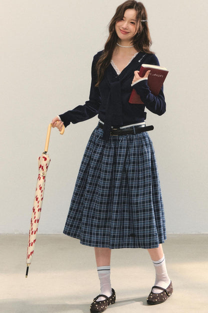 Checkered High Waist Flare Skirt