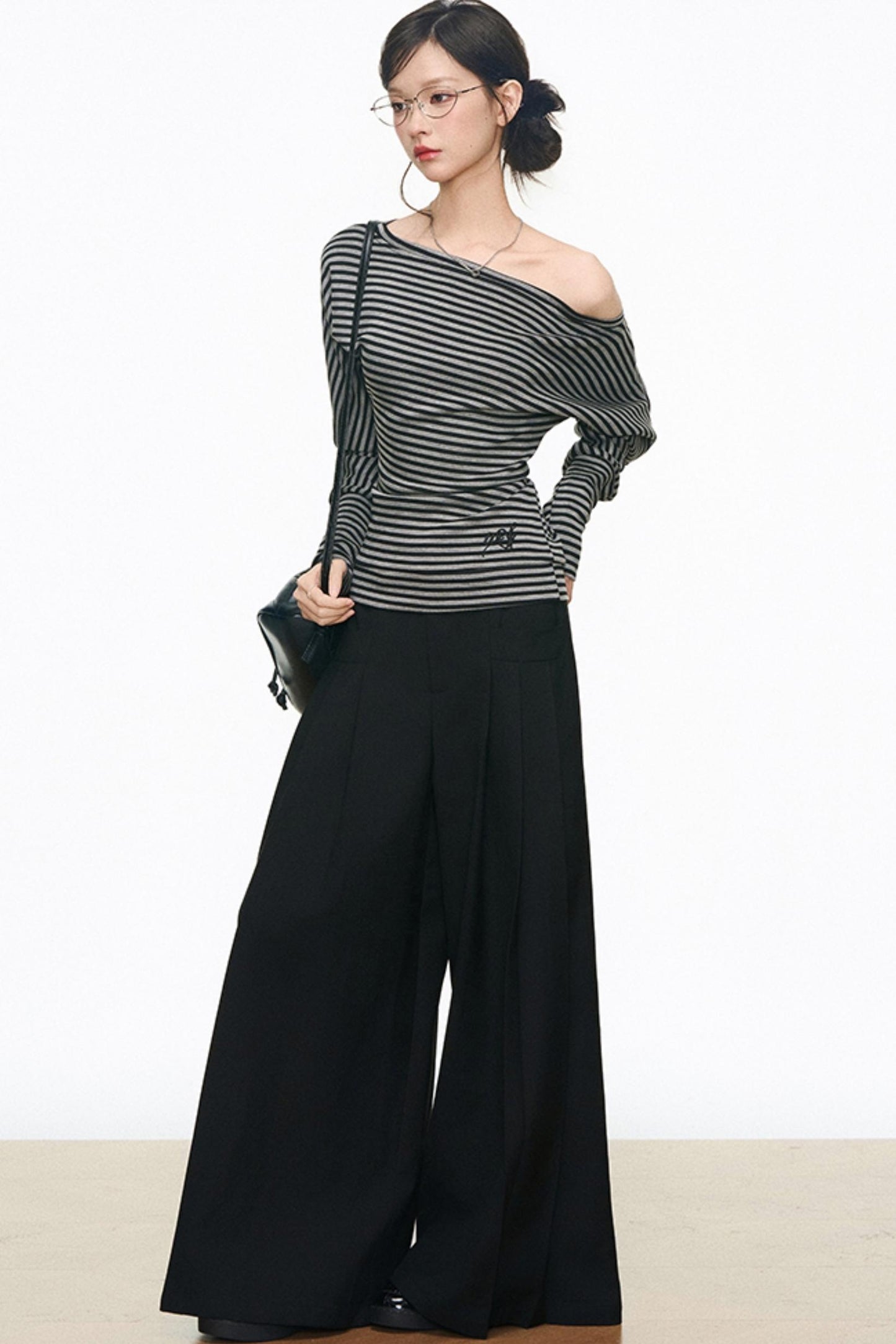 Slanted Shoulder Long Sleeves & Casual Wide-Leg Pants Set-Up