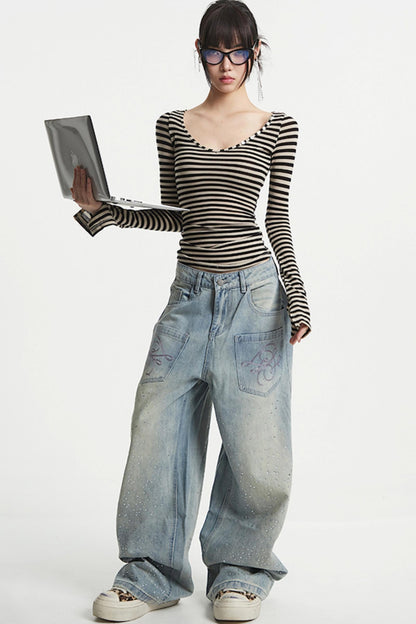 Striped V-Neck Sleeve T-Shirt