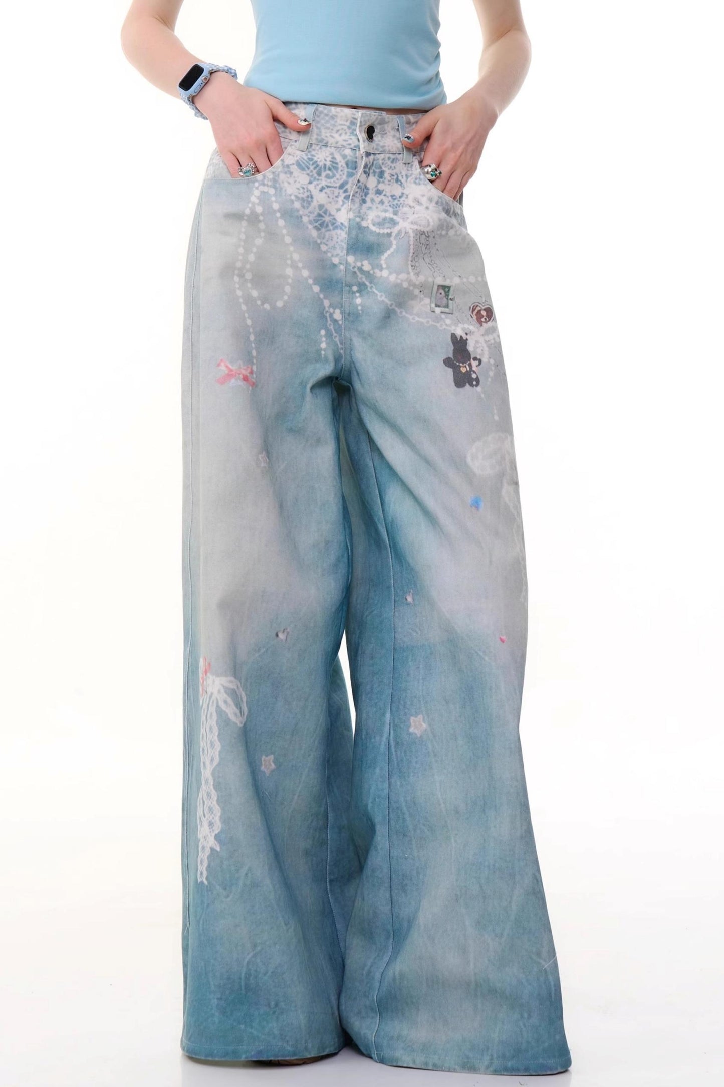 High-Waist Denim Wide-Leg Pants