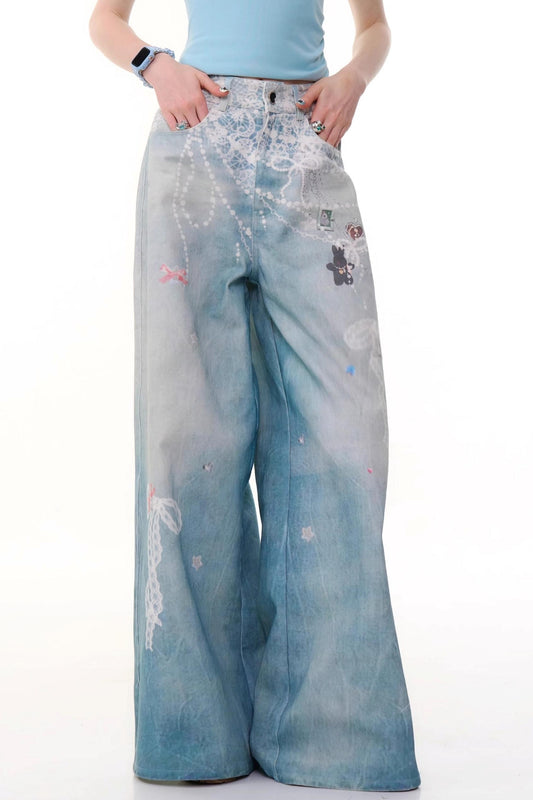 High-Waist Denim Wide-Leg Pants