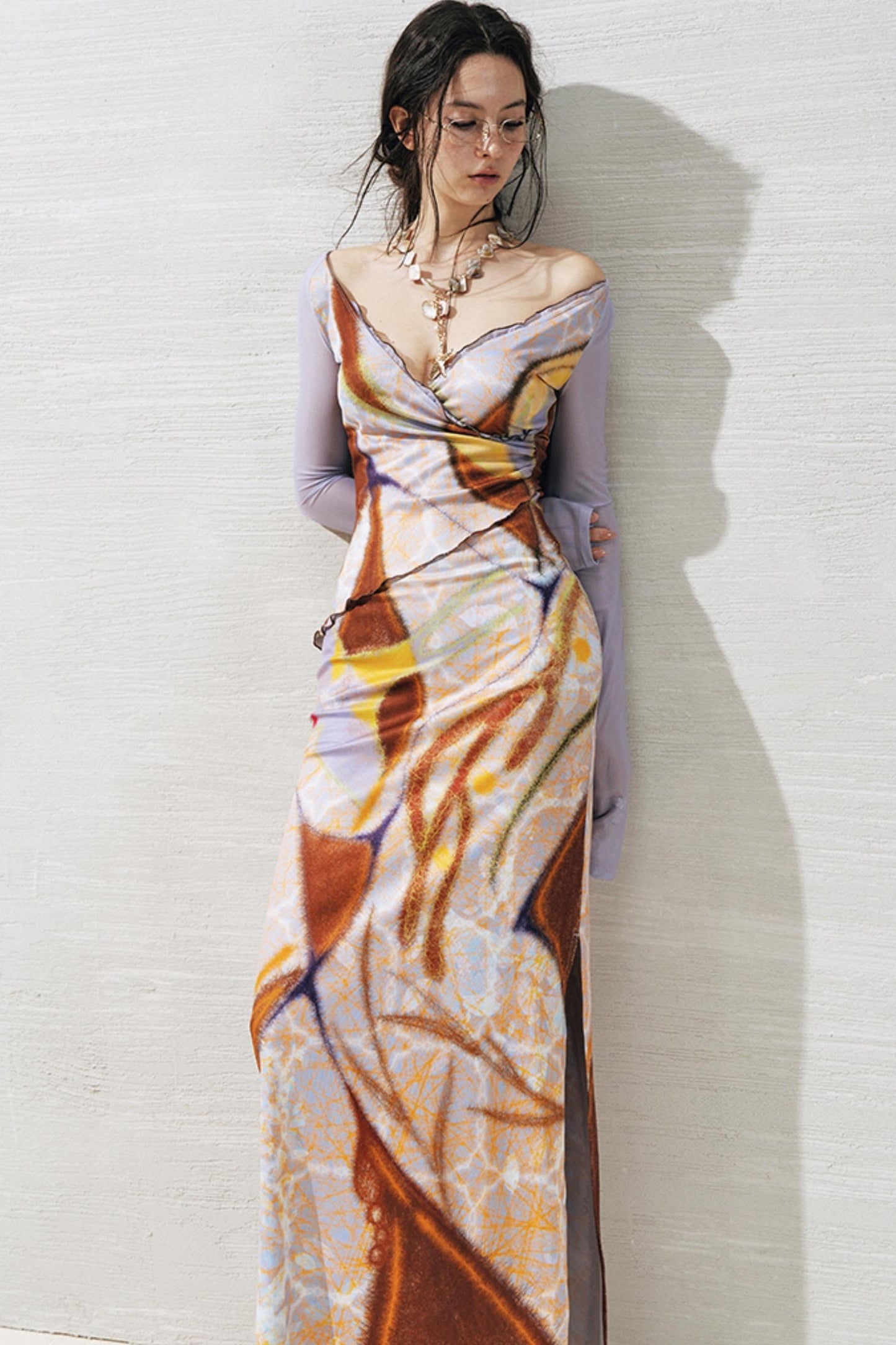 Rosewood Geometric V-Neck Long Sleeve Dress