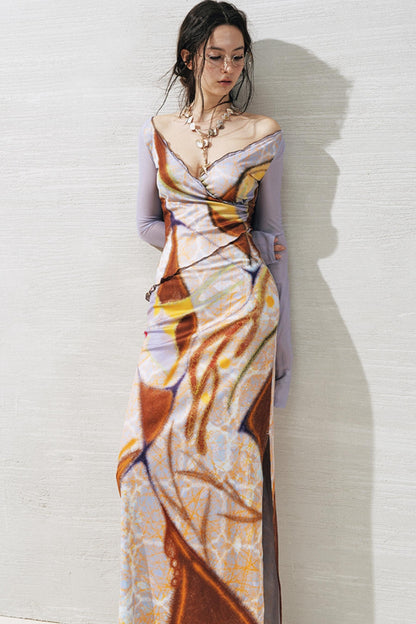 Rosewood Geometric V-Neck Long Sleeve Dress