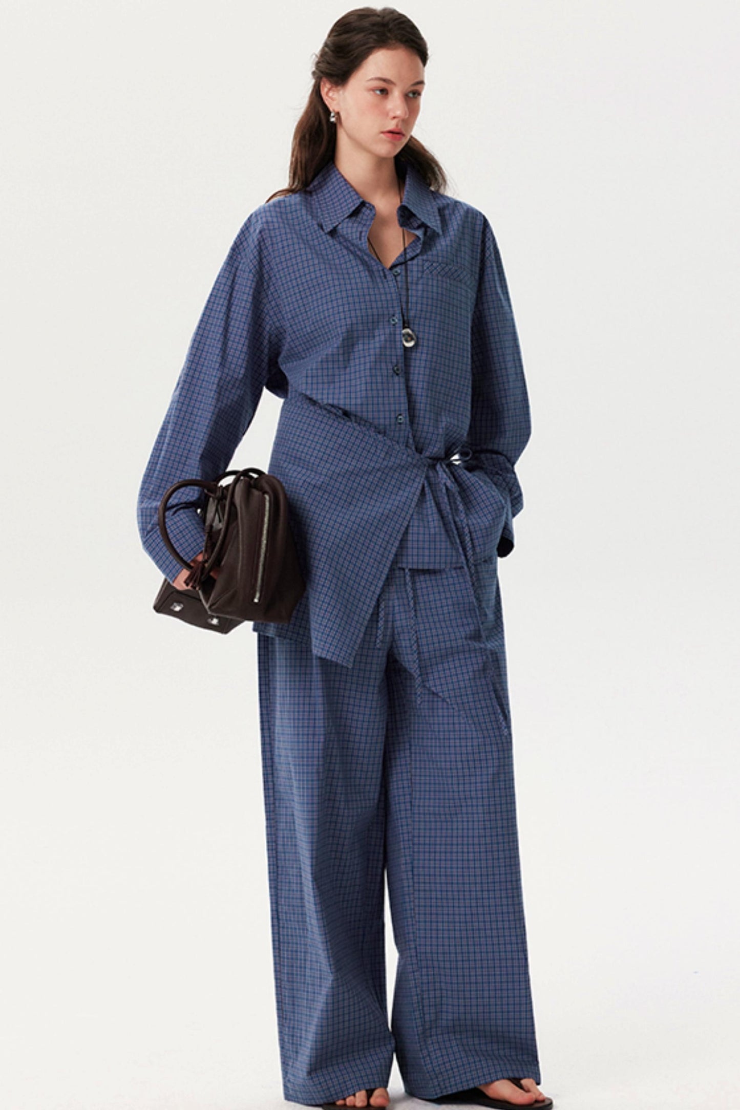 Blue Plaid Long Shirt Trousers Set