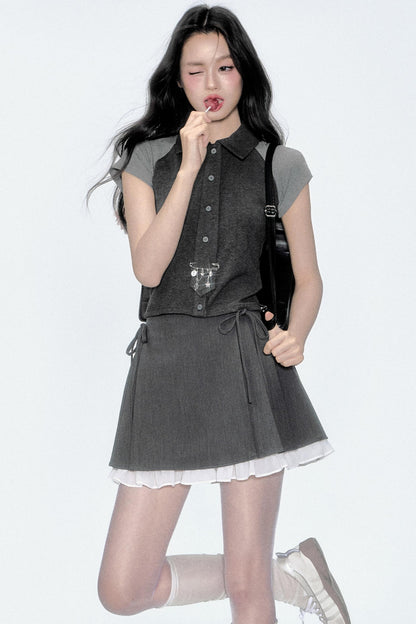 Color Clash Tie-Front Top & Skirt Set-Up