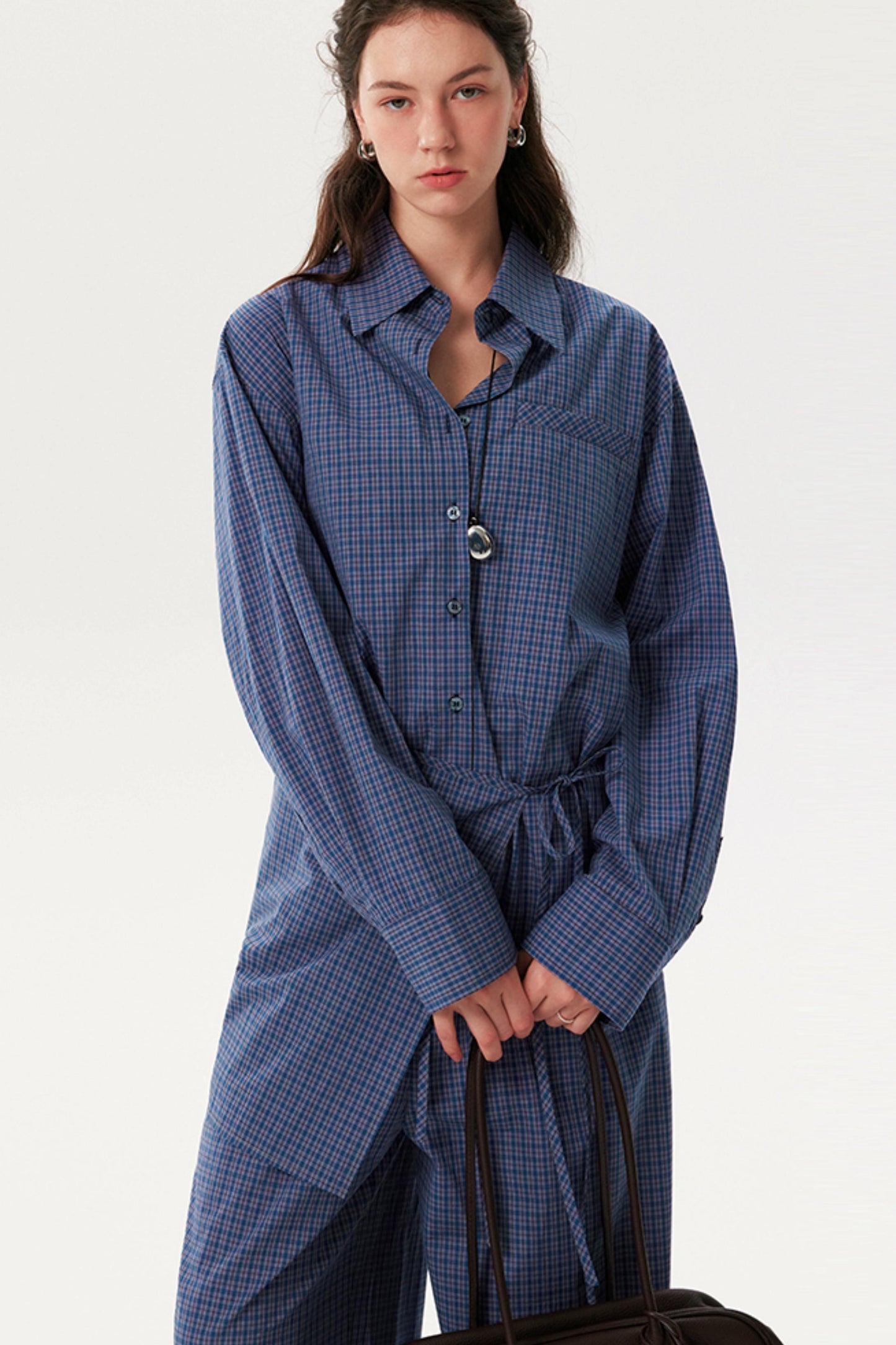 Blue Plaid Long Shirt Trousers Set