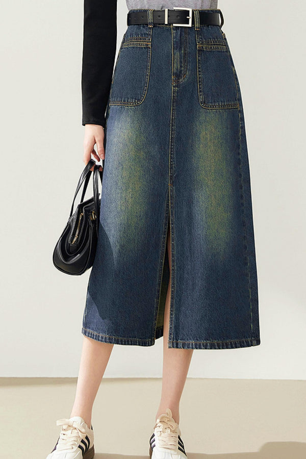 Retro Split Denim A-Line Skirt
