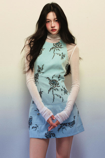 Light Blue Rose Embroidered Denim Vest Dress Set-Up