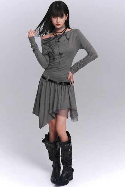 Gray Off-Shoulder Autumn Dress