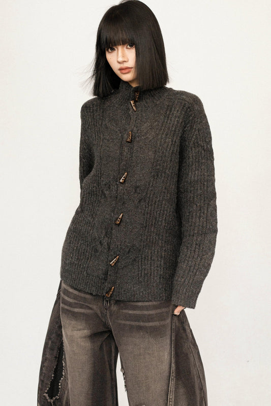 Retro Horn-Button Knit Cardigan