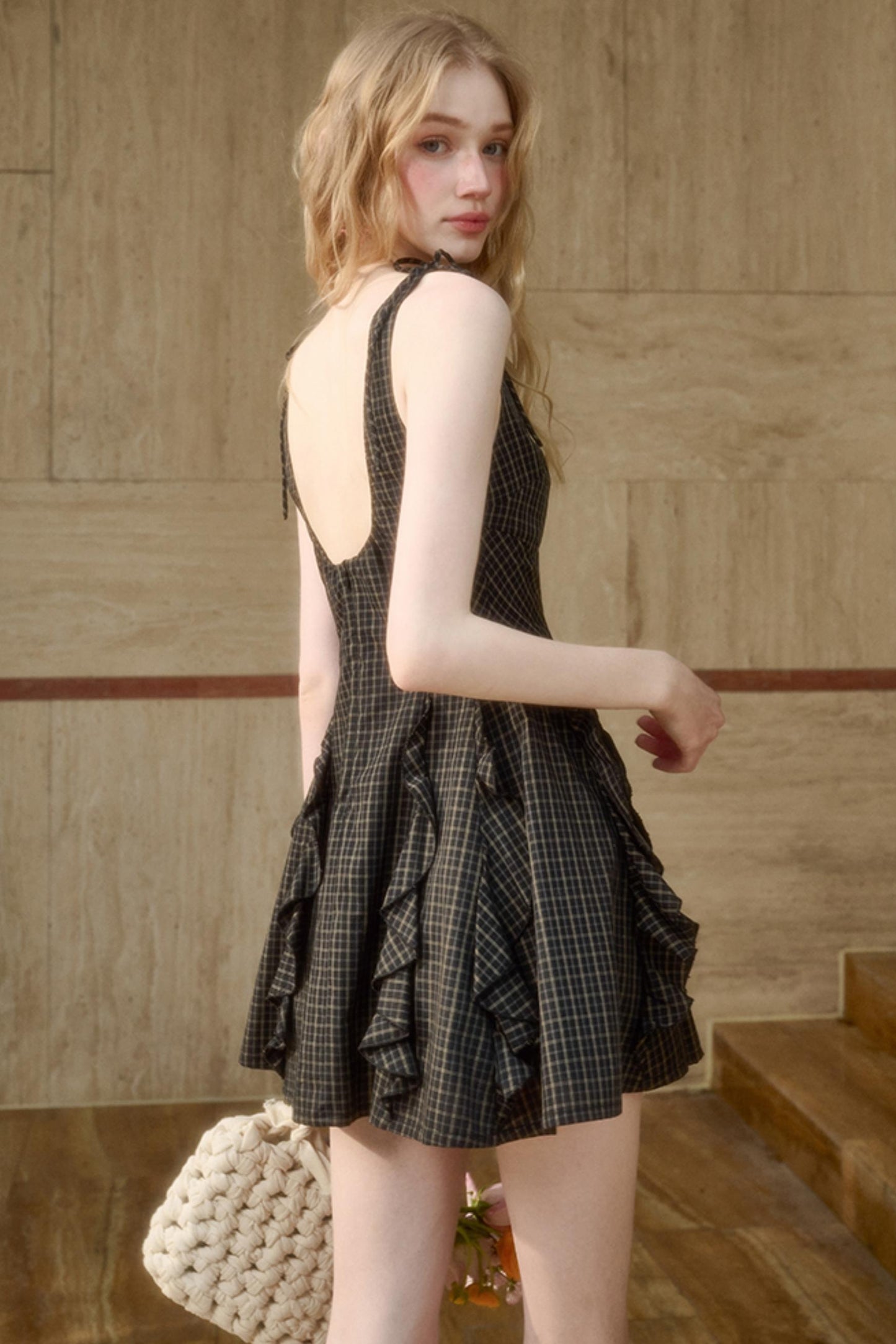 Dark Gray Lace Plaid Dress