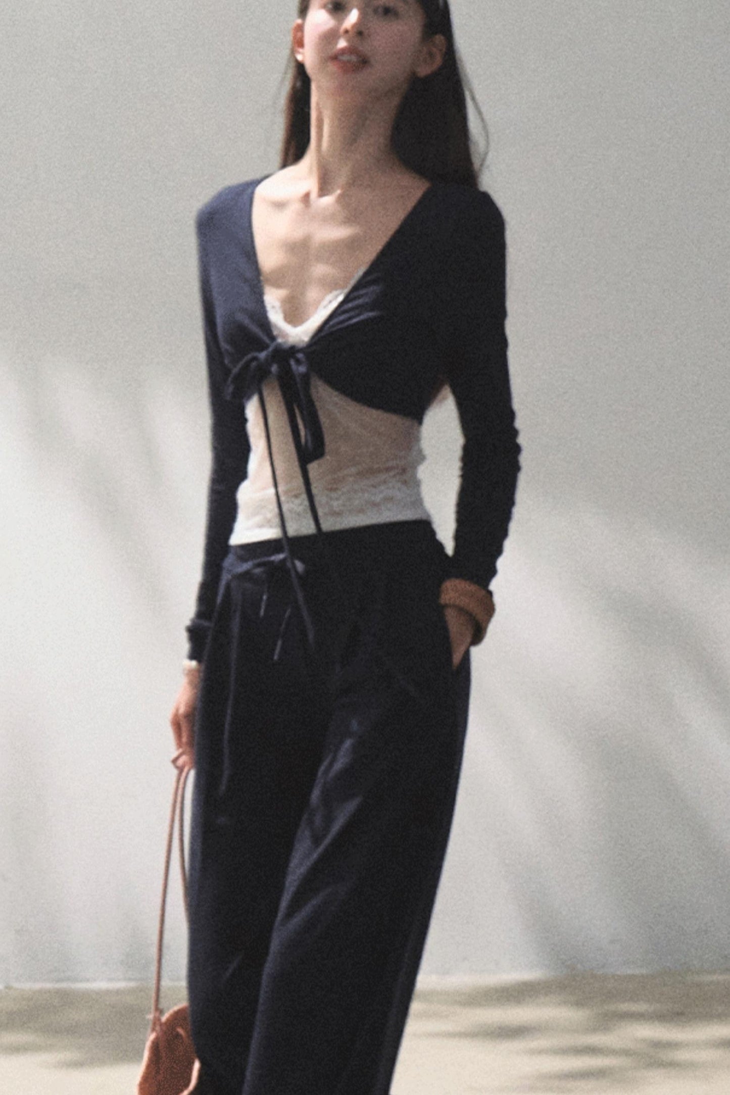 Lace-Up Top & Wide Leg Pants Set-Up