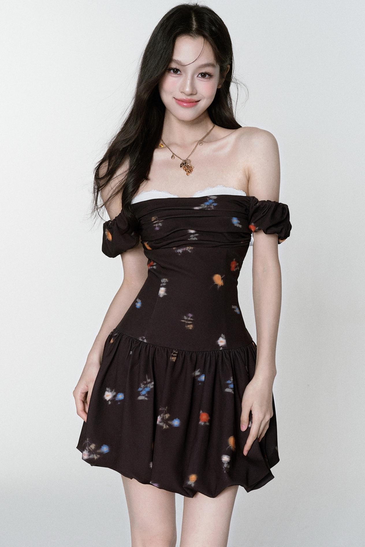 Inked Rose One-Shoulder Floral Dress