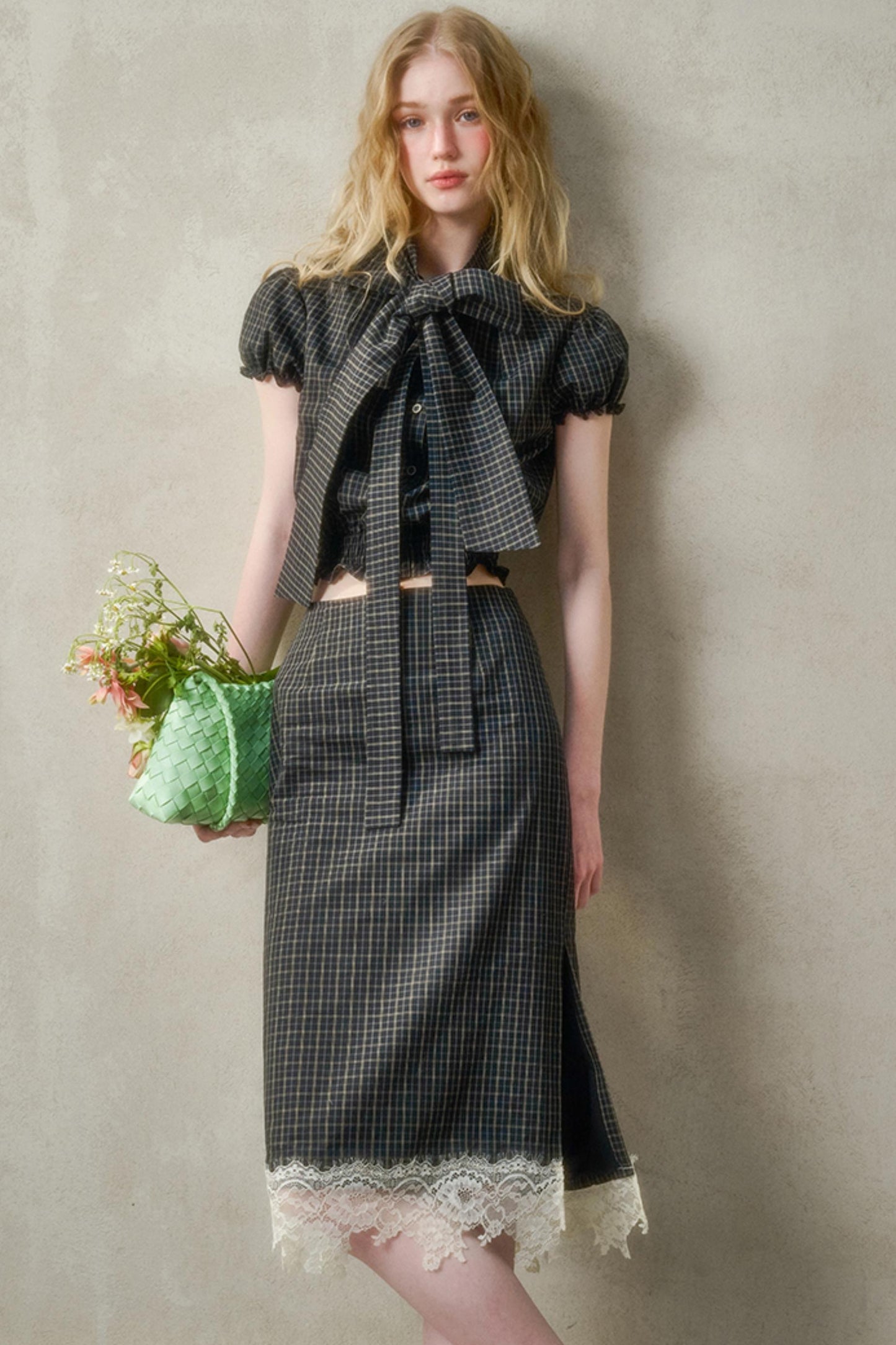Cotton Galaxy Gray plaid Skirt Set-Up