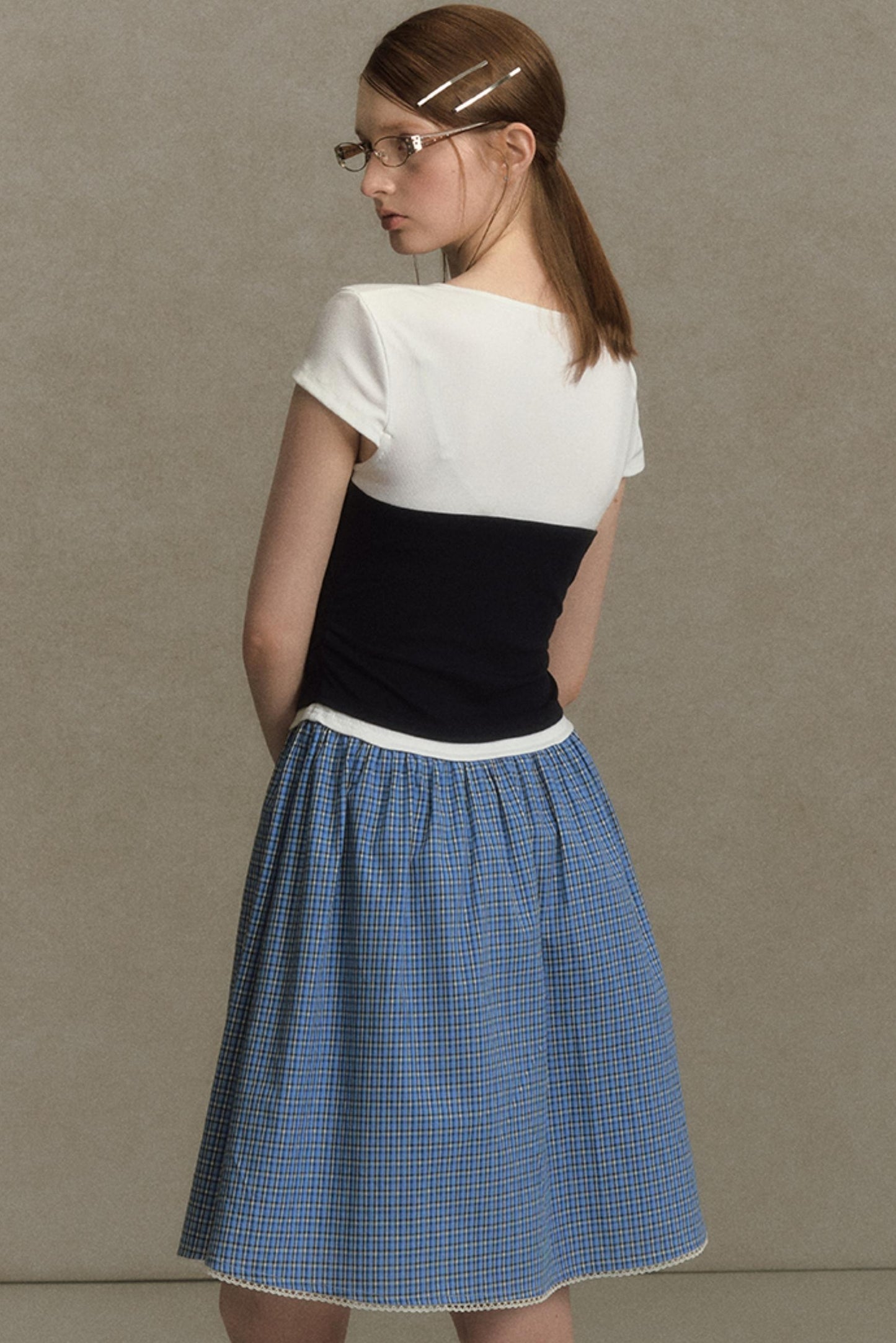 Color Clash Lace-Trimmed Plaid Dress