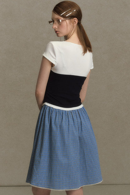 Color Clash Lace-Trimmed Plaid Dress