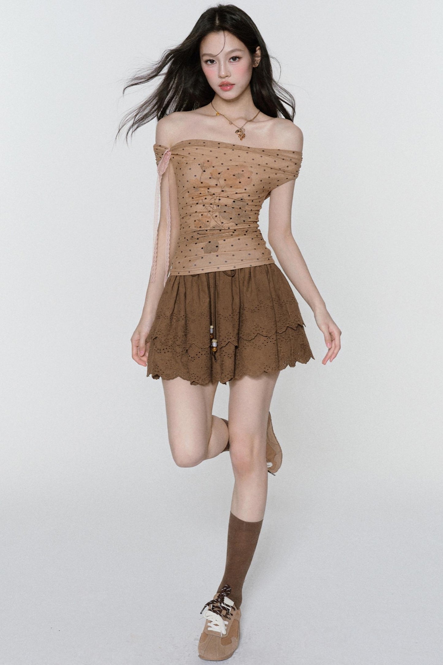 Rose Mist Polka Dot One-Shoulder Top