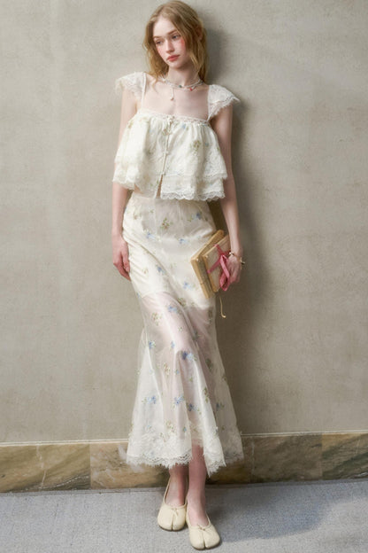 Airy Floral Ensemble Long Lace Skirt Set-Up