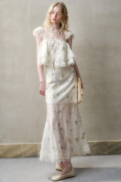 Airy Floral Ensemble Long Lace Skirt Set-Up