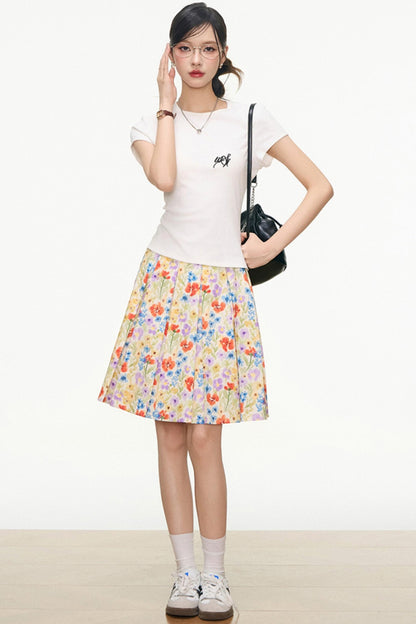 White Floral Skirt And White T-Shirt Set-Up