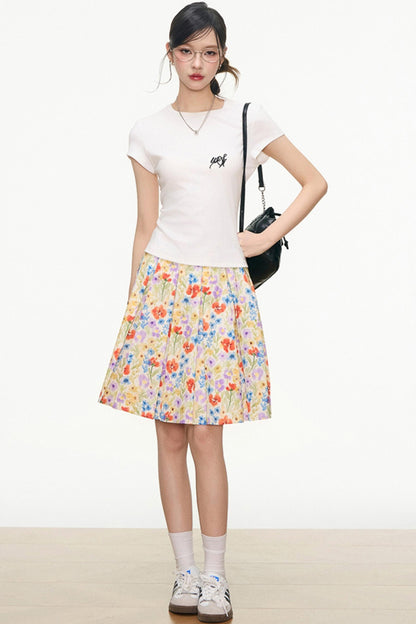 White Floral Skirt And White T-Shirt Set-Up
