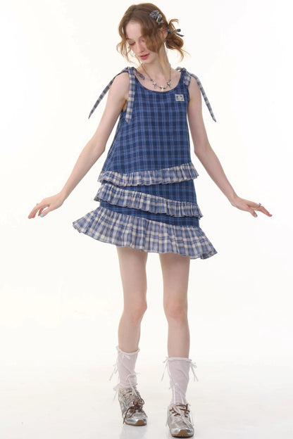 Blue Plaid Halter Dress