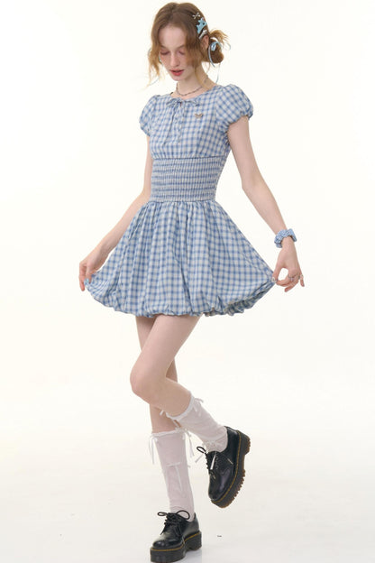Blue Plaid Puff Sleeve Dress