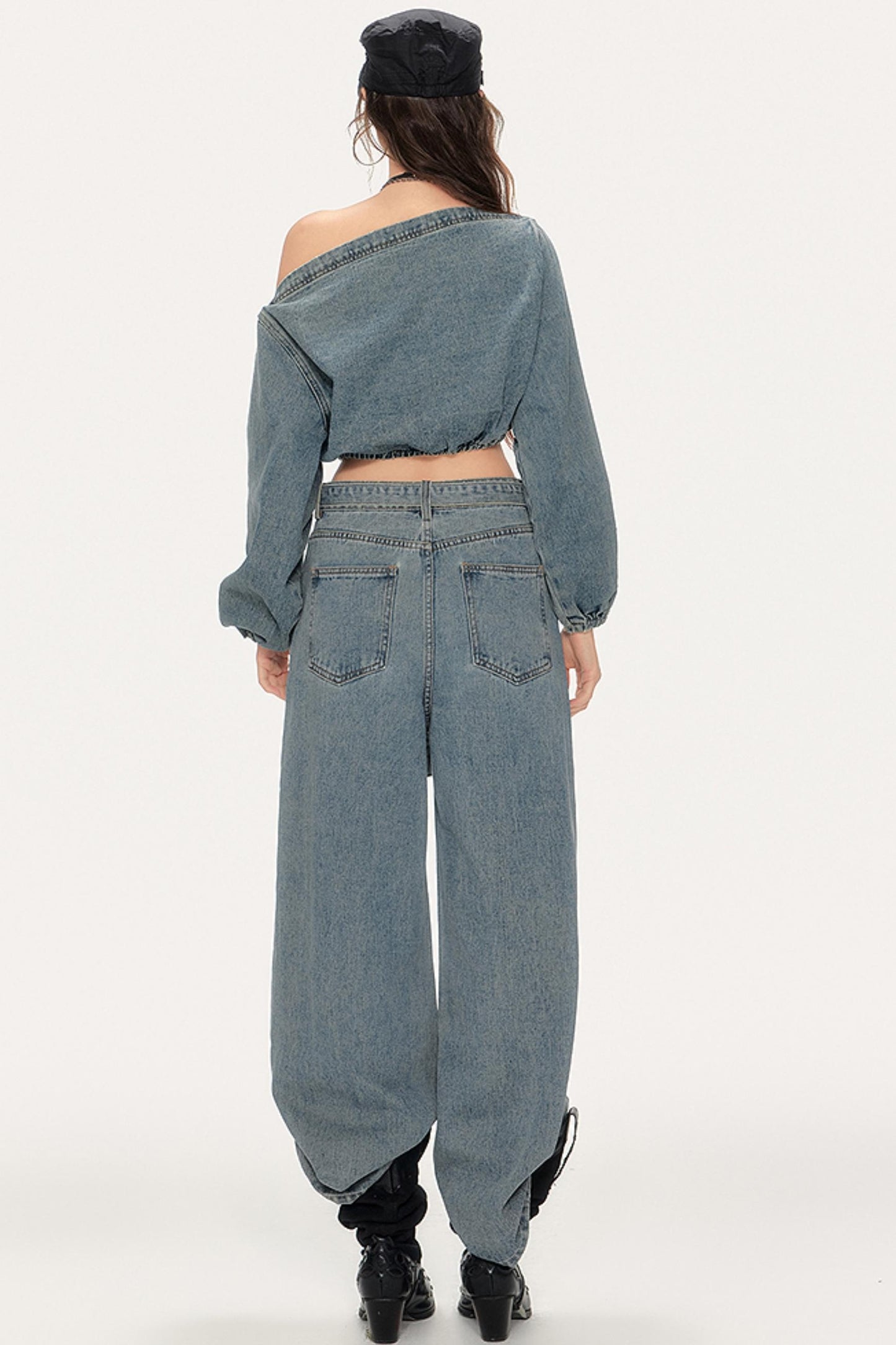 Asymmetrical Puff Sleeve Denim Pants Set