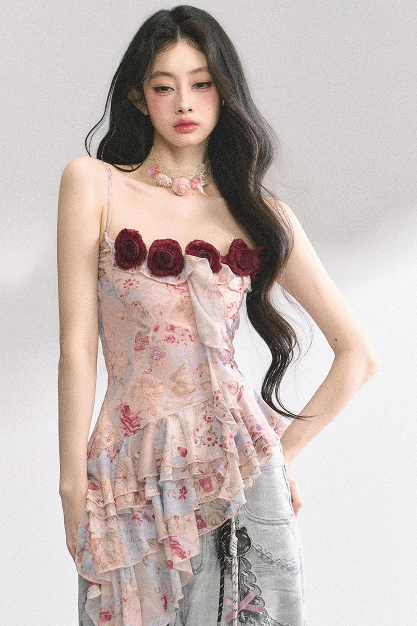 Asymmetrical Floral Slimming T-Shirt