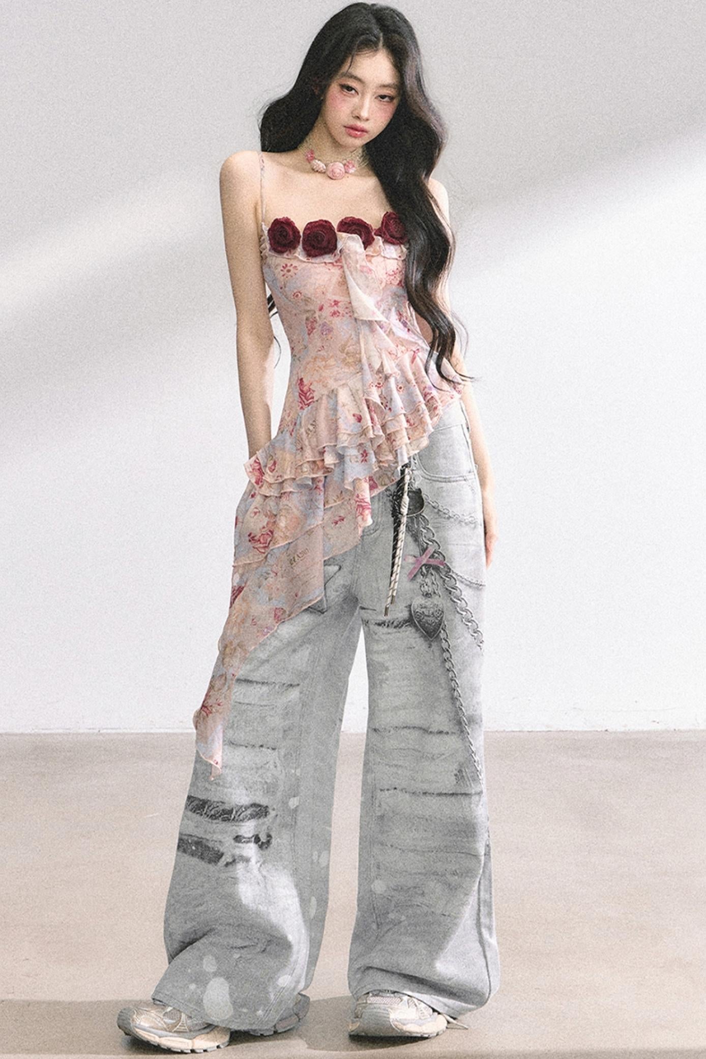 Asymmetrical Floral Slimming T-Shirt