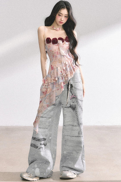 Asymmetrical Floral Slimming T-Shirt