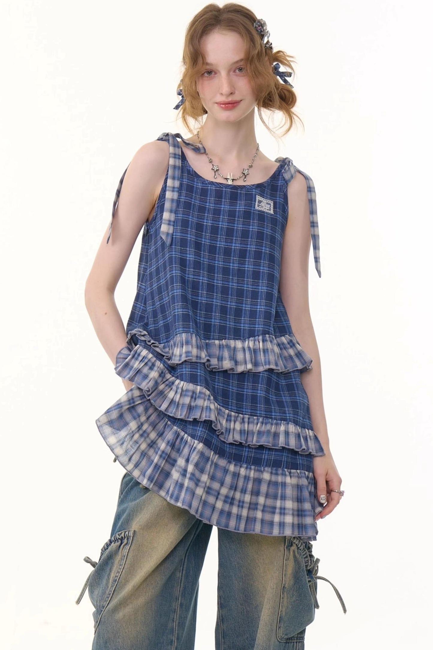 Blue Plaid Halter Dress