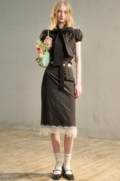 Cotton Galaxy Gray plaid Skirt Set-Up