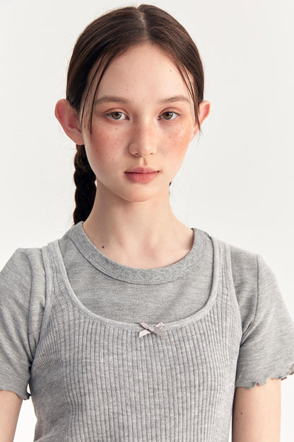 Bow Knit Vest With T-Shirt Set-Up
