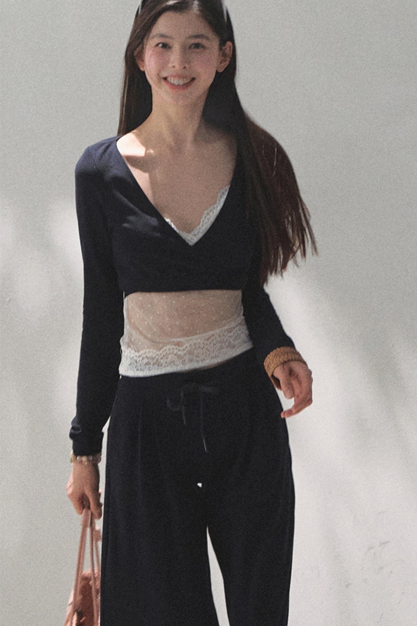 Lace-Up Top & Wide Leg Pants Set-Up