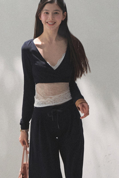 Lace-Up Top & Wide Leg Pants Set-Up