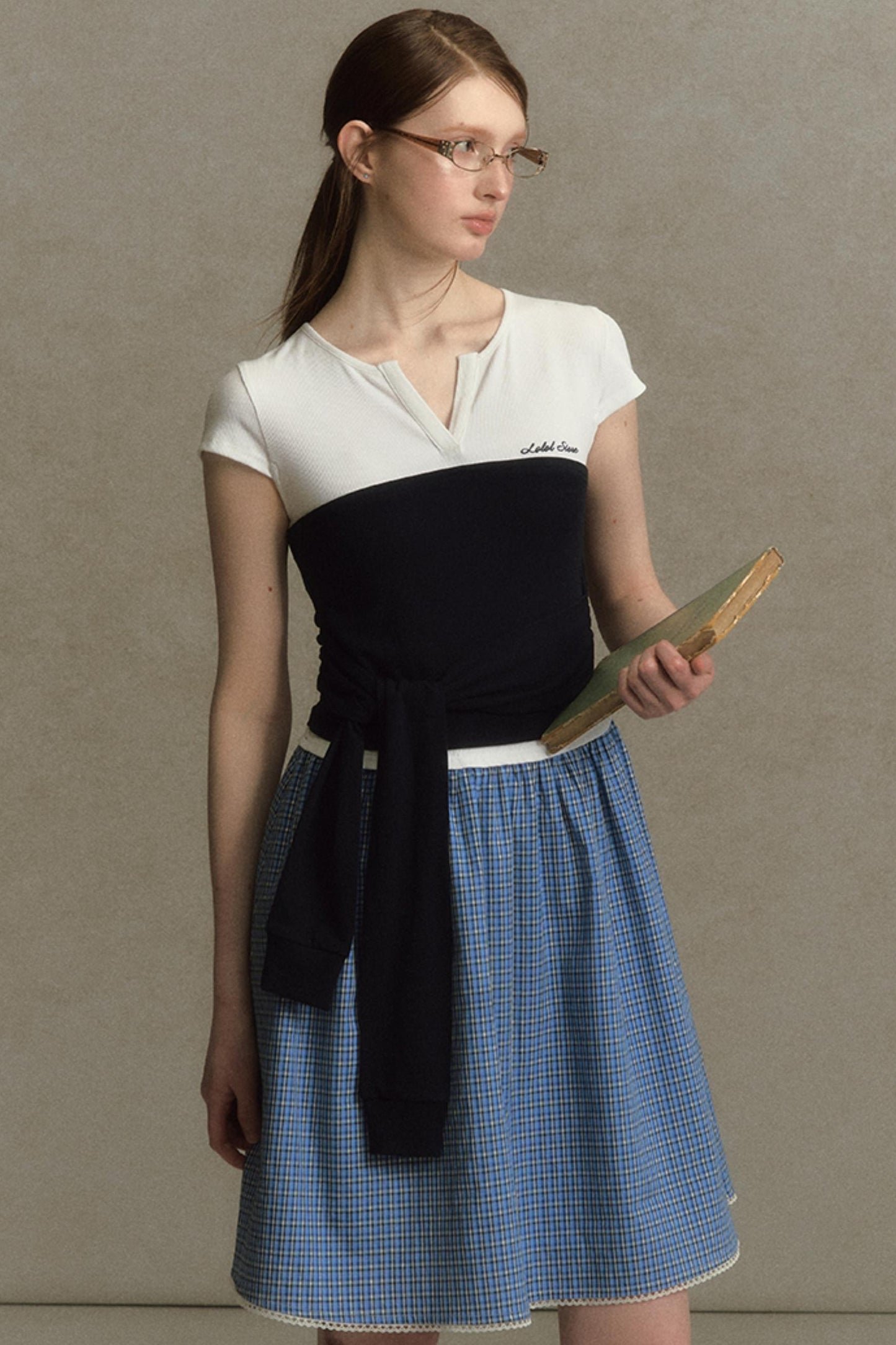 Color Clash Lace-Trimmed Plaid Dress