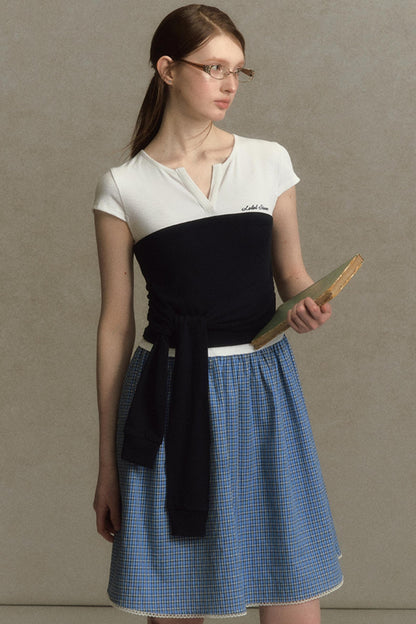 Color Clash Lace-Trimmed Plaid Dress