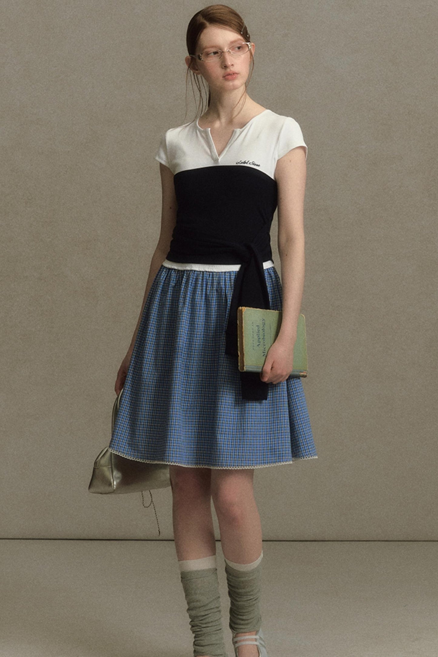 Color Clash Lace-Trimmed Plaid Dress