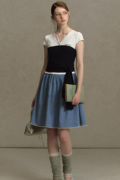 Color Clash Lace-Trimmed Plaid Dress