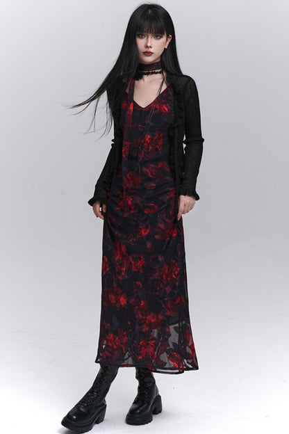 Summer Black Floral Halter Dress