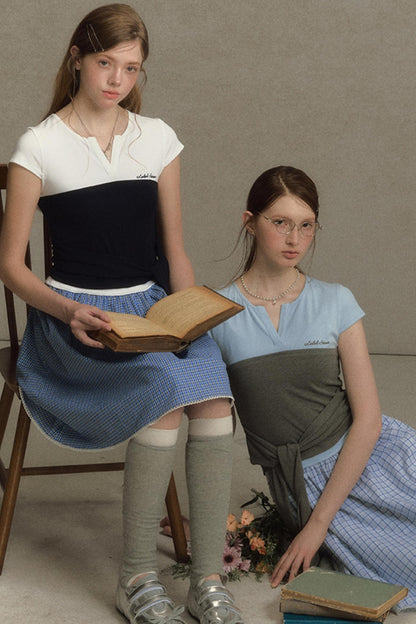 Color Clash Lace-Trimmed Plaid Dress