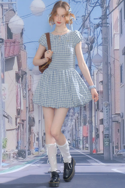 Blue Plaid Puff Sleeve Dress